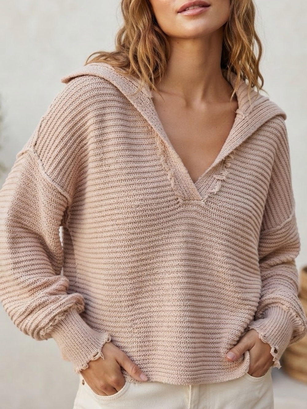 FREE PEOPLE Marlie Ribbed Knit V-Neck Sweater Size XS Dusty Pink Beige